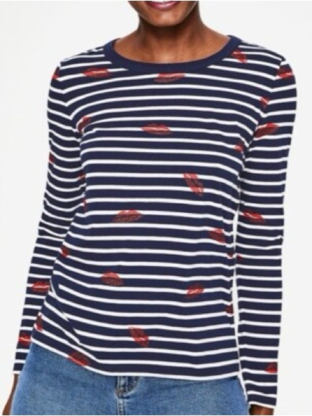 Boden Striped Navy Long-Sleeve Tee with Red Lip Print Size 14